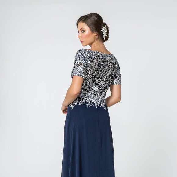 NEW LONG A-LINE CHIFFON DRESS WITH ILLUSION V-NECK EMBROIDERED WITH LACE GL2826 - Picture 12 of 13